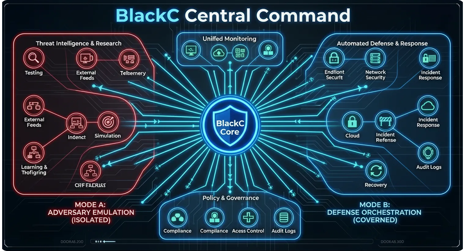 Diagram of BlackC Central Command showing a central BlackC Core connected to Threat Intelligence & Research, Unified Monitoring, Policy & Governance, and Automated Defense & Response modules divided into Mode A Adversary Emulation and Mode B Defense Orchestration.