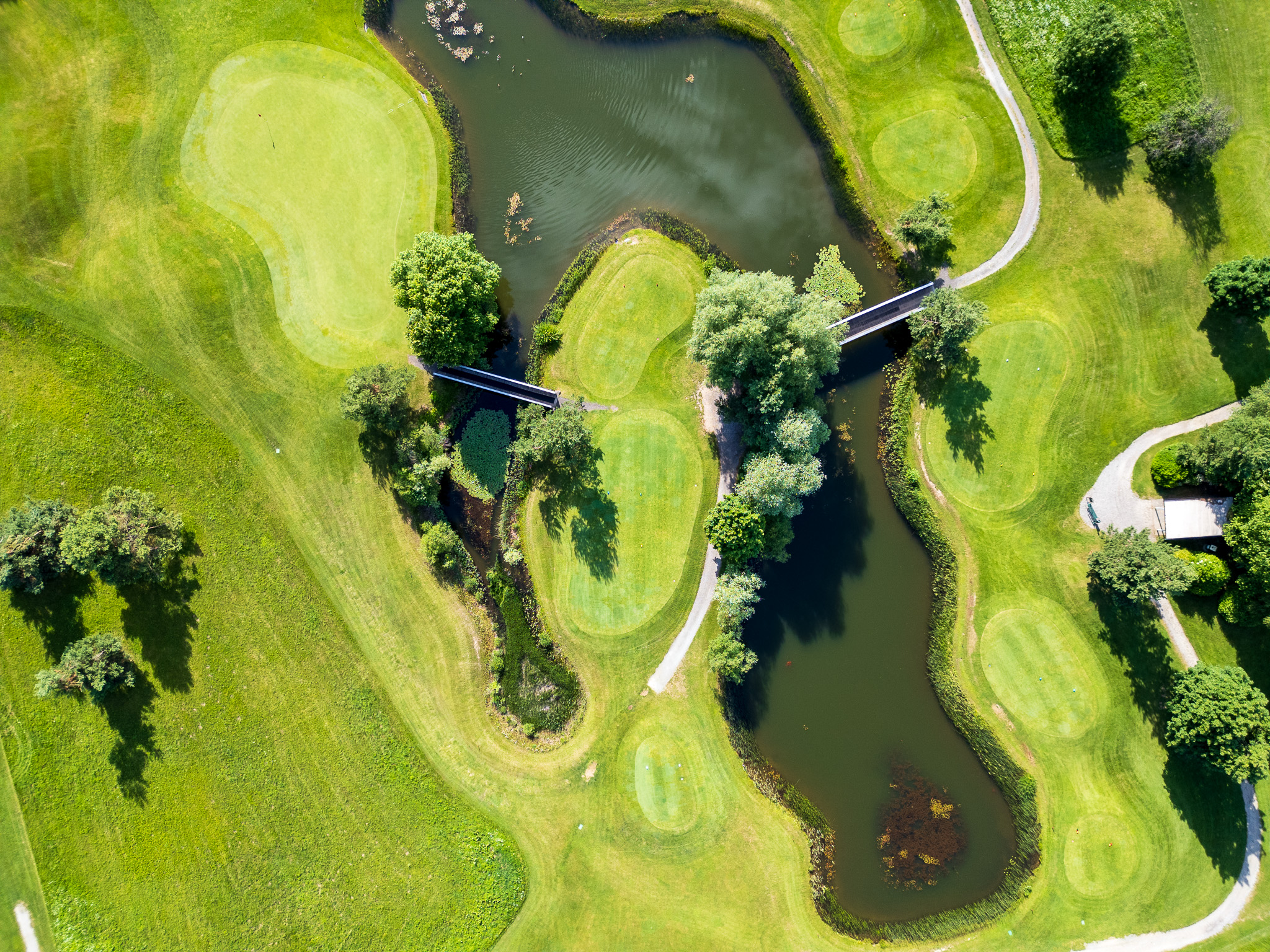 Luftaufnahme eines Golfplatzes mit Teich, Brücken, gepflegtem Rasen und Bäumen.