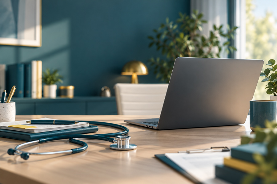 Bureau médical avec ordinateur portable, stéthoscope et documents illustrant une formation DPC en e-learning pour professionnels de santé.