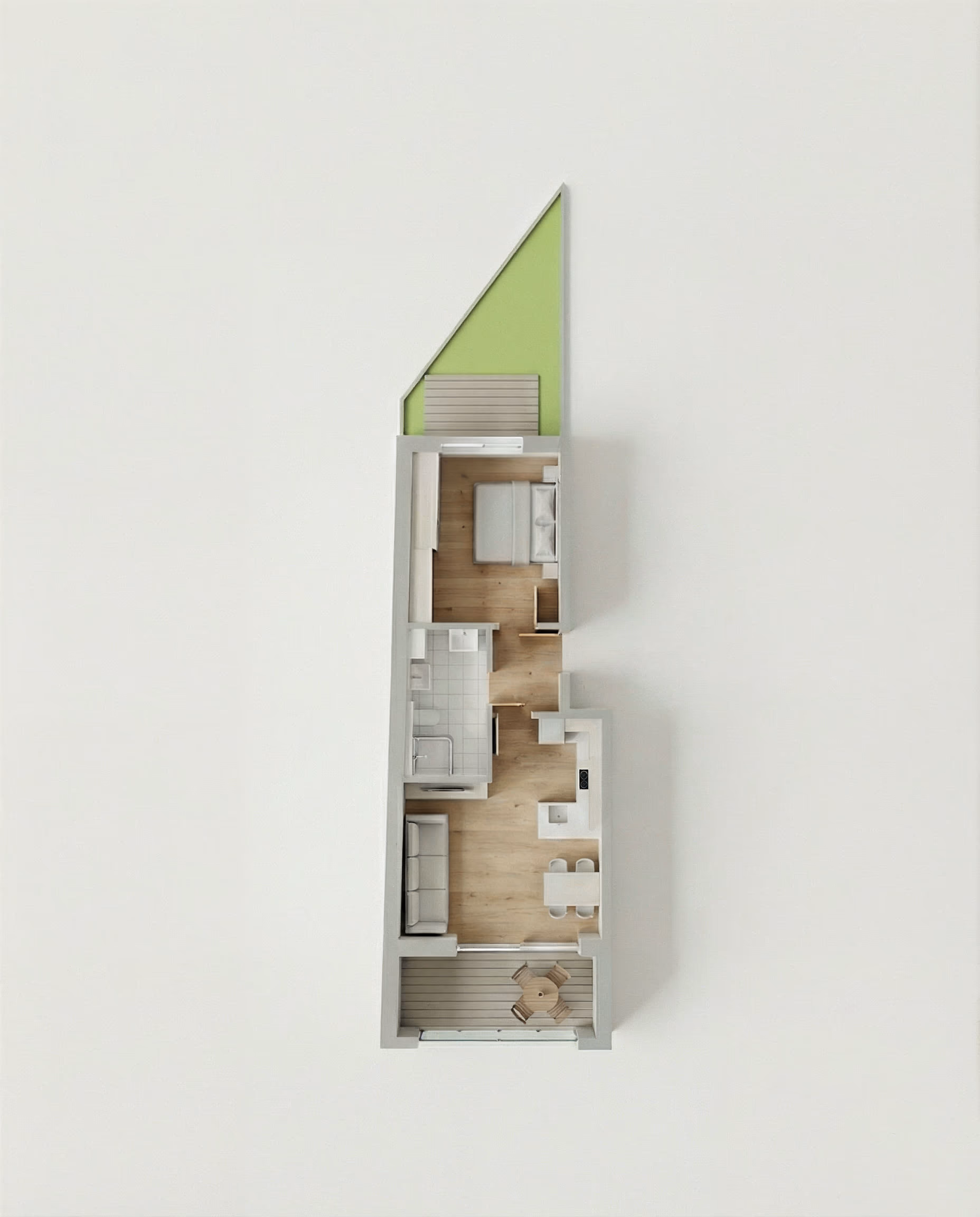 Grundriss der 2-Zimmer-Wohnung im Erdgeschoss. Kompakte Anordnung mit separatem Schlafzimmer, offenem Wohnbereich und eigenem Gartenanteil.