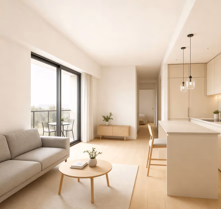 Wohnbereich mit direktem Zugang zum Balkon. Helle Räume durch bodentiefe Fenster, klare Raumaufteilung zwischen Wohn- und Essbereich.