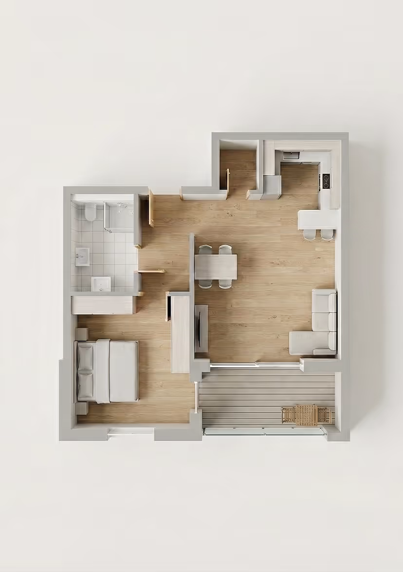 Grundriss der 2-Zimmer-Wohnung im Obergeschoss. Separates Schlafzimmer, offener Wohnbereich mit Küchenzeile, Balkonzugang.