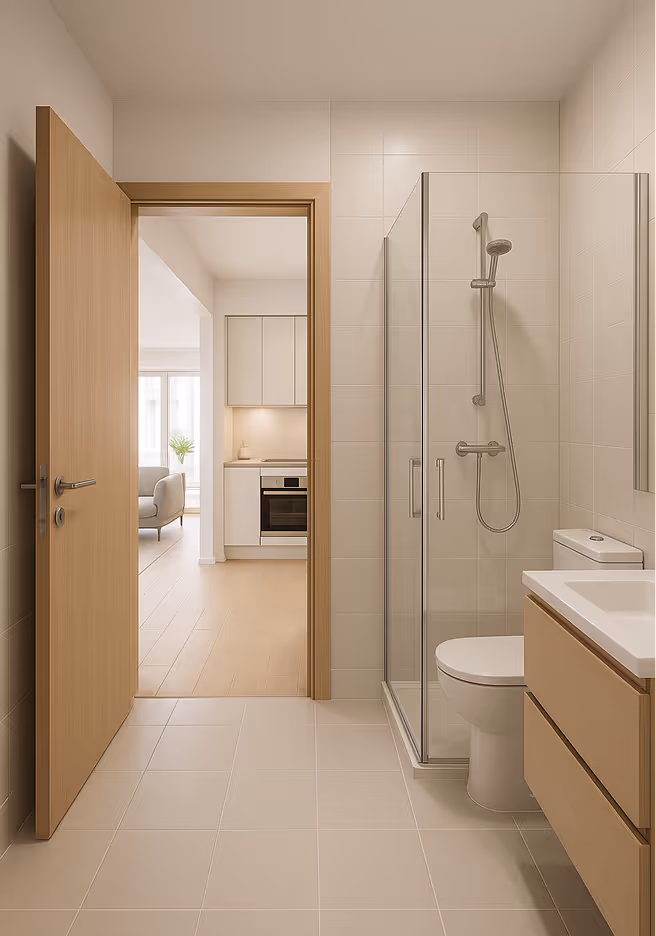 Flurbereich mit Blick ins Badezimmer. Durchdachte Erschließung der Räume, kompakte Sanitäranordnung mit Dusche und Waschtisch.