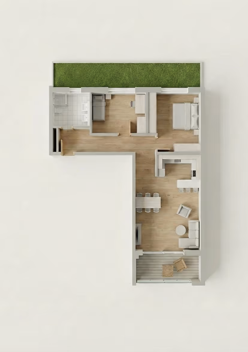 Grundriss der 3-Zimmer-Wohnung im Erdgeschoss. Zwei separate Schlafzimmer, großzügiger Wohnbereich, direkter Gartenzugang, funktionale Raumaufteilung.