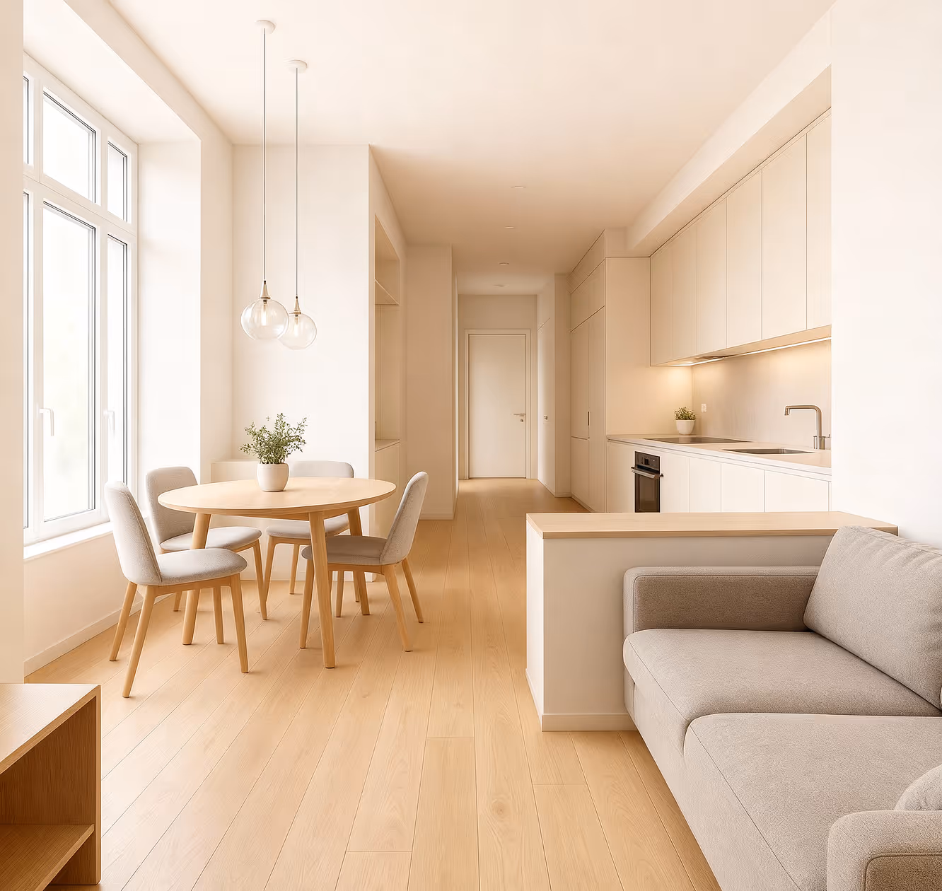 Offener Wohn- und Essbereich mit integrierter Küche. Helle Räume durch seitliche Fensterfronten, klare Zonierung der Funktionsbereiche.