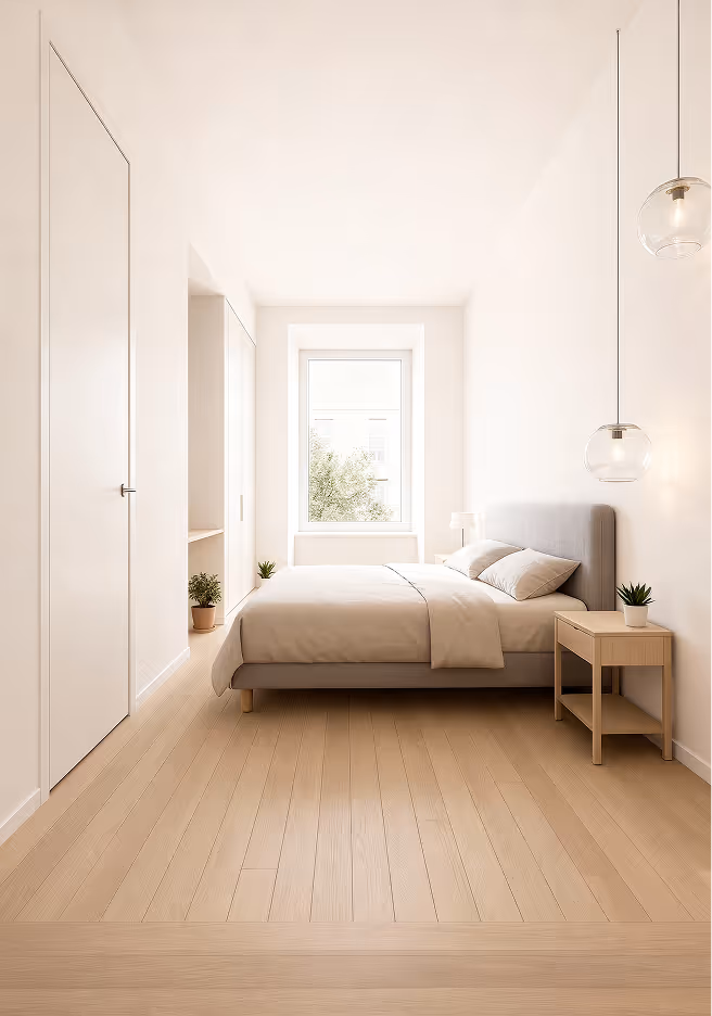 Schlafzimmer mit ruhiger Ausrichtung. Großzügige Stellfläche, eingebauter Stauraum, Tageslicht durch Fenster zum Innenhof.