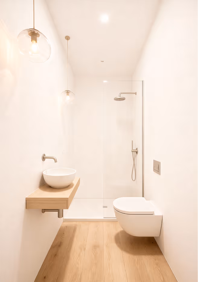 Badezimmer mit bodengleicher Dusche und WC. Kompakte Anordnung der Sanitärobjekte, helle Fliesen, Aufsatzwaschbecken mit Ablage.