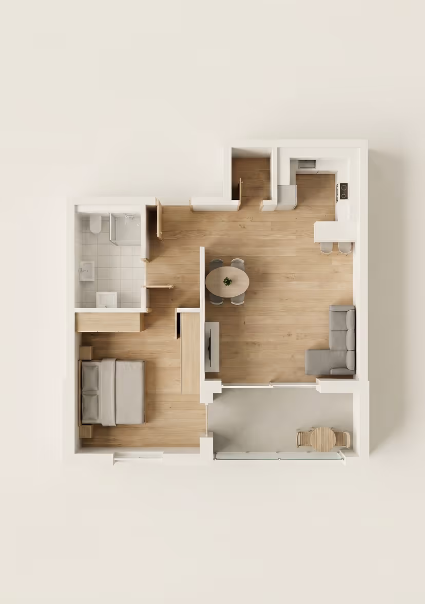 Grundriss der 3-Zimmer-Gartenwohnung. Zwei separate Schlafzimmer, großzügiger Wohnbereich mit offener Küche, direkter Zugang zur Terrasse und zum Garten.