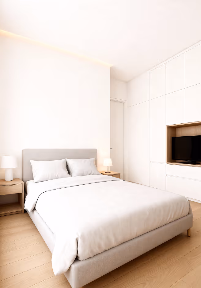 Schlafzimmer mit ausreichend Stellfläche und ruhiger Atmosphäre. Klare Raumgeometrie, Platz für großes Bett und Nachttische.