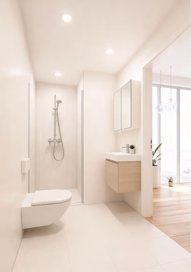 Badezimmer mit bodengleicher Dusche und WC. Helle Gestaltung, praktische Anordnung der Sanitärobjekte, Waschtisch mit Stauraum.