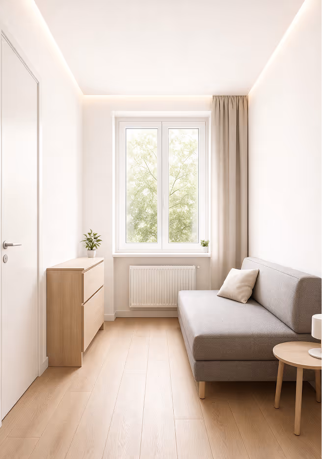   Kombinierter Wohn- und Schlafbereich mit Fenster. Funktionale Raumnutzung auf begrenzter Fläche, Platz für Sofa und Bett, Stauraummöglichkeiten.