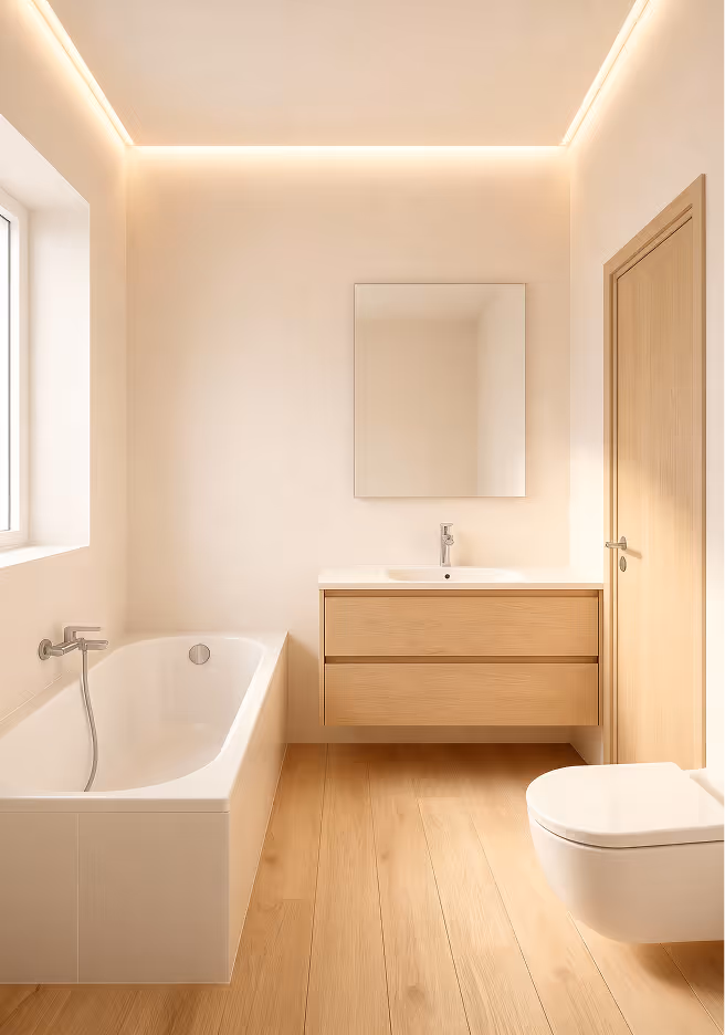 Badezimmer mit Badewanne und WC. Waschtisch mit Unterschrank, indirekte Beleuchtung, klare Linienführung.