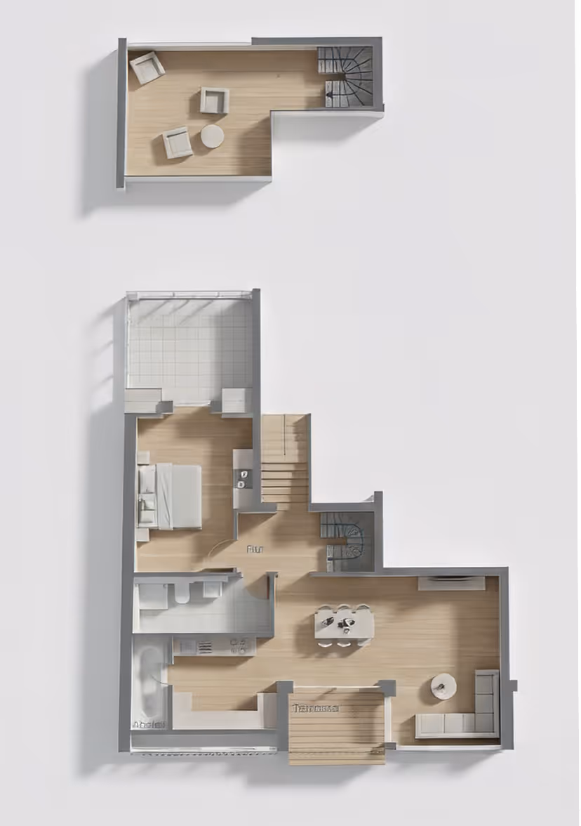 Grundriss der Penthouse-Maisonette über zwei Ebenen. Erdgeschoss mit Wohn- und Essbereich, Küche, Bad und Schlafzimmer. Obergeschoss mit weiterem Schlafzimmer, Bad und großzügiger Dachterrasse.