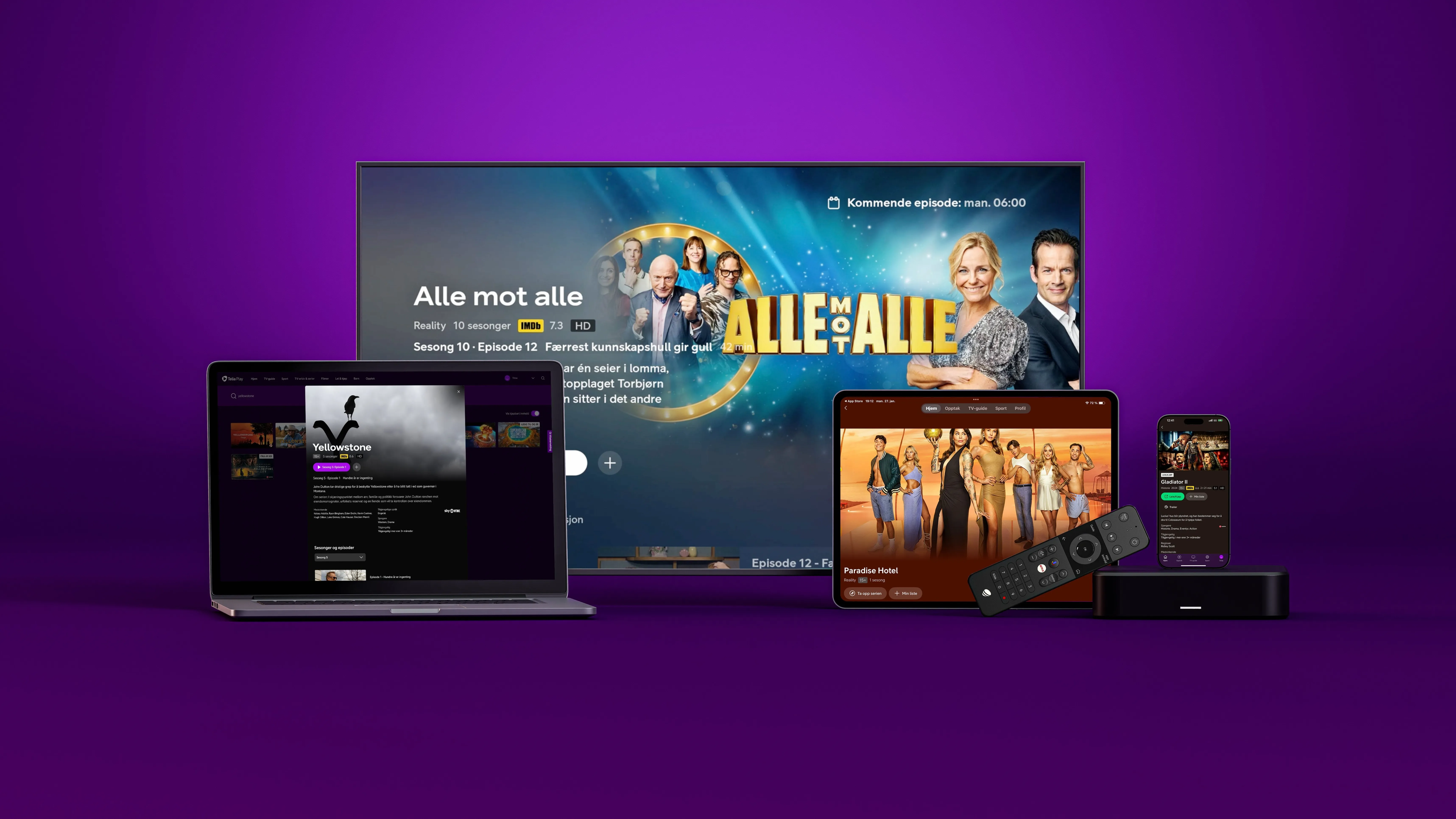 Flere skjermer med ulike TV-serier og filmer, inkludert Alle mot alle på TV, Yellowstone på laptop, Paradise Hotel på nettbrett, og Gladiator på mobil med fjernkontroll og dekoderboks foran.
