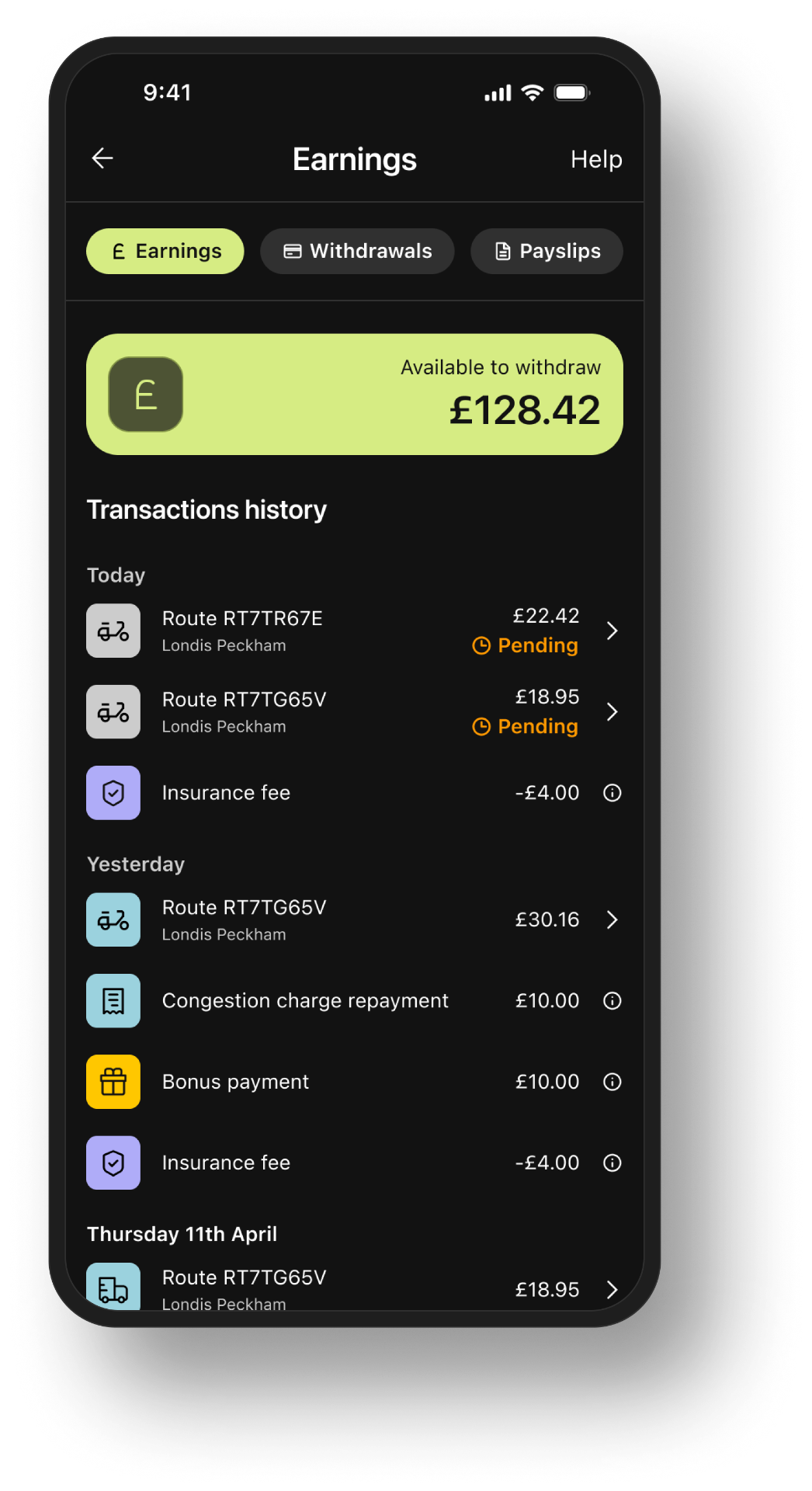 Relay earnings app showing available balance and transaction history