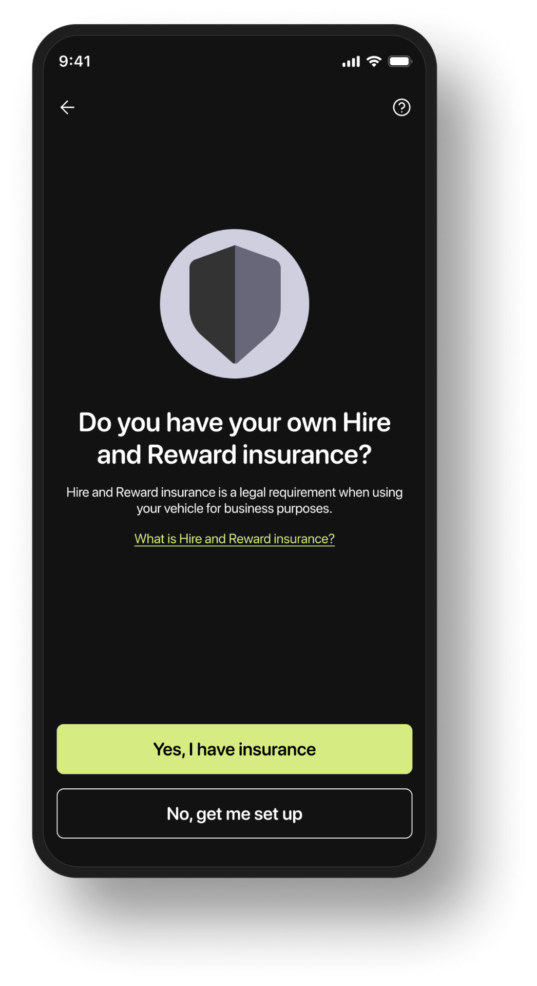 Hire and Reward insurance app screen