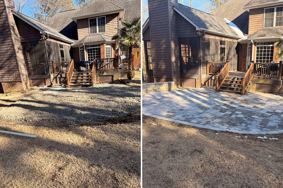 Side-by-side comparison of a backyard showing before and after stone patio installation behind a two-story house with wooden steps and a screened porch.