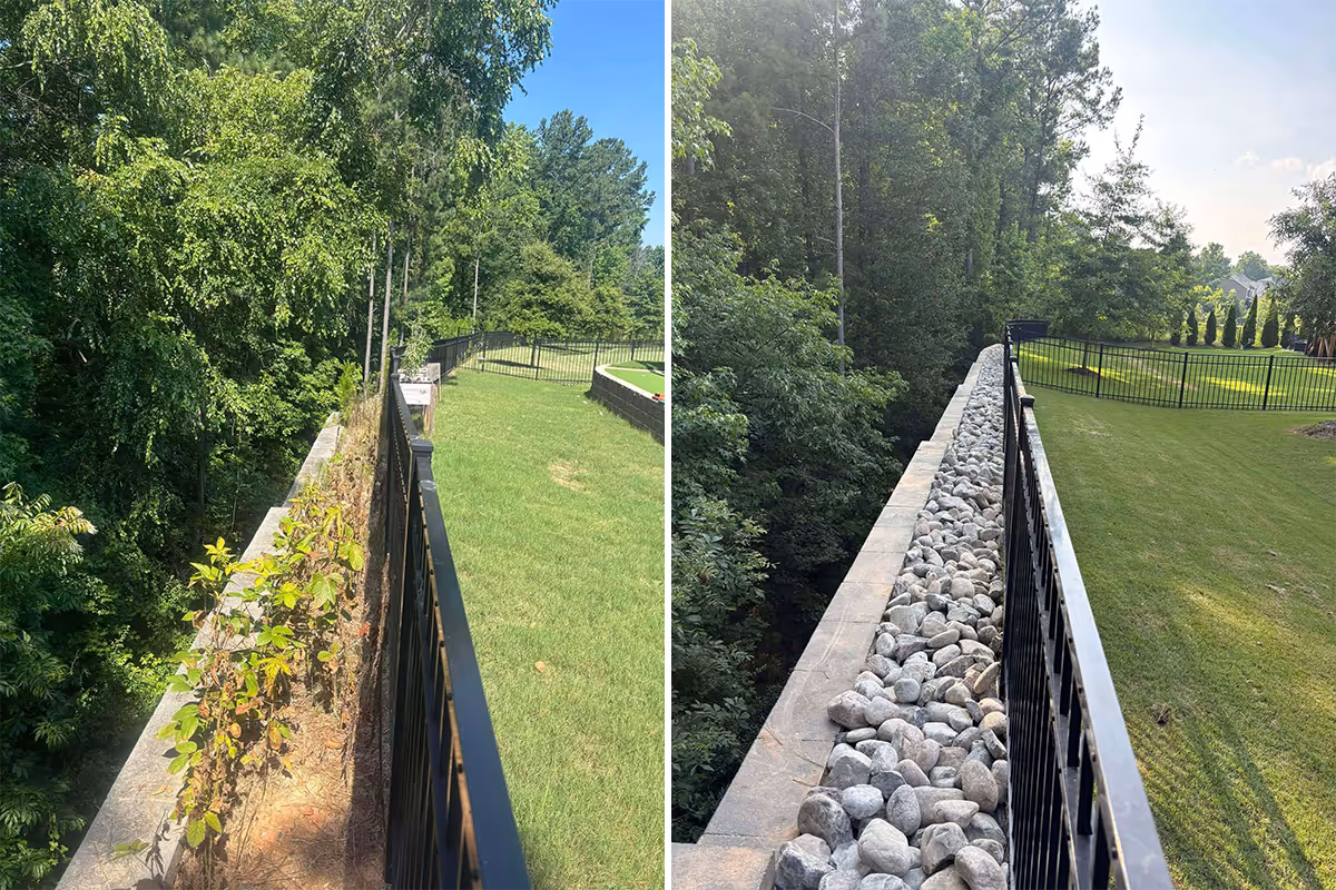 Side-by-side images showing a retaining wall beside a grassy yard; the left image shows the wall with sparse vegetation growing on it, the right image shows the wall topped with a row of rocks.