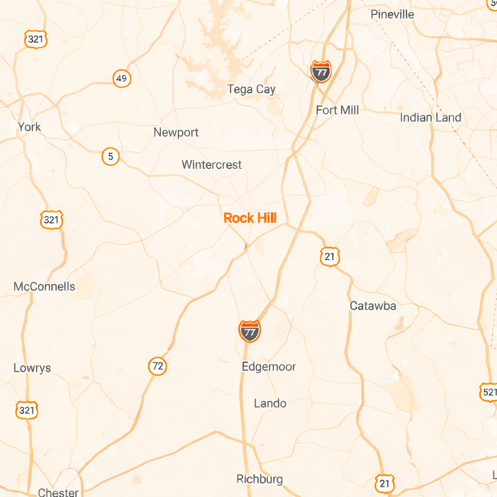 Map showing Rock Hill and surrounding towns including Fort Mill, Pineville, Edgemoor, and Chester, with highways 321, 77, 21, 72, and 49.