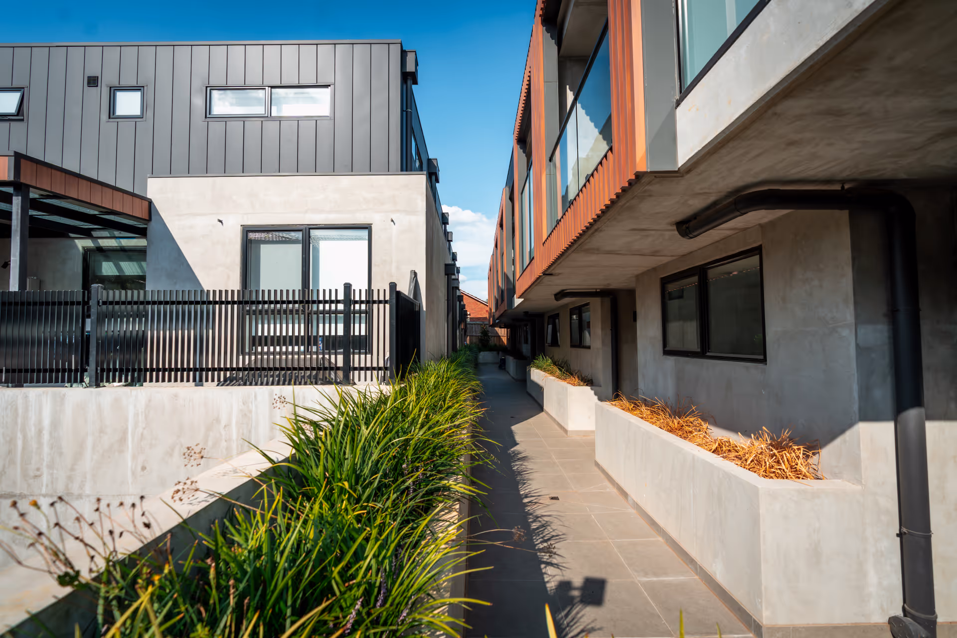Modern residential buildings with concrete walkways, glass windows, and green plants along the path under a clear blue sky.
