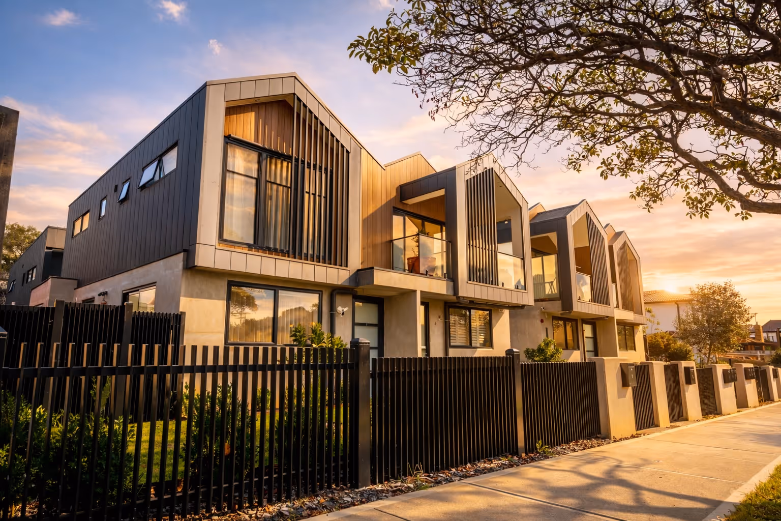 Modern row of townhouses with angular rooflines, large windows, and black fencing at sunset.