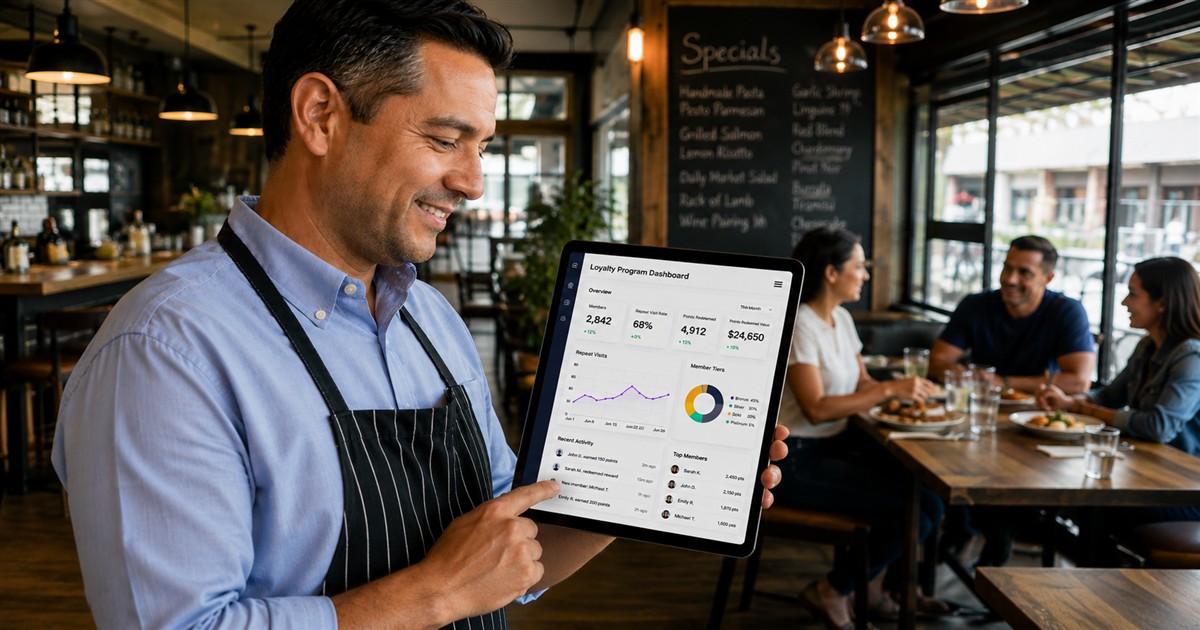 Restaurant loyalty programs dashboard on tablet showing repeat visit metrics Caption: Modern restaurant loyalty programs combine mobile apps, member tiers, and real-time data.