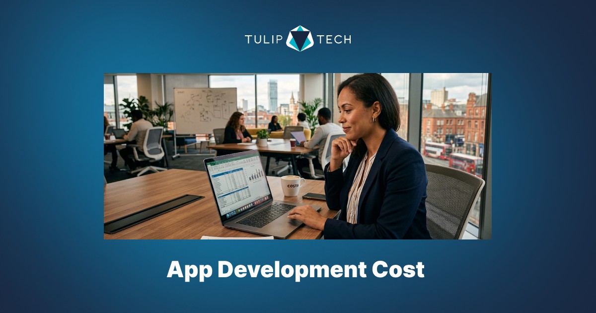 App development cost in the UK pricing breakdown on a laptop screen