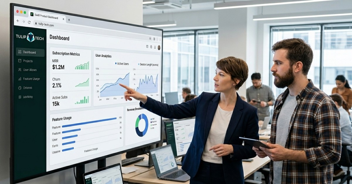team planning how to build a SaaS app on a dashboard screen