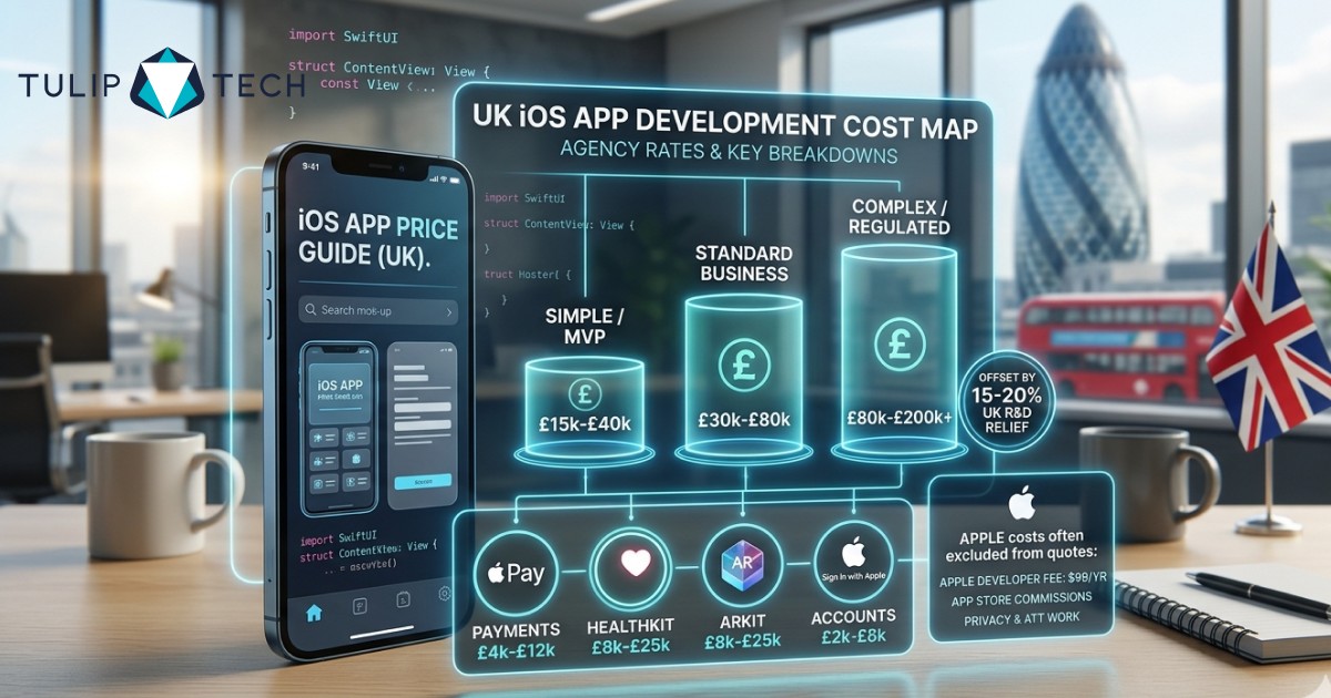  iOS app development cost in the UK shown through a Mac and Apple test devices. 