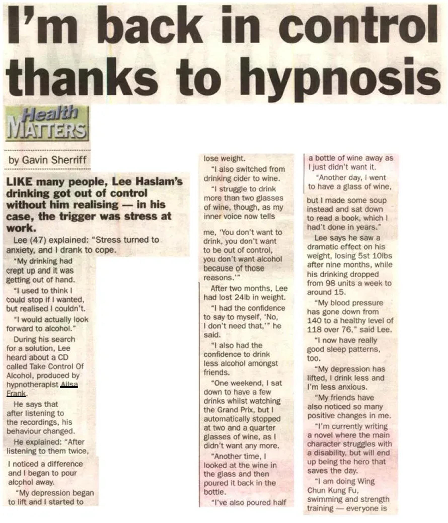 Lee Haslam hypnosis feature in The Weekly News, page 2