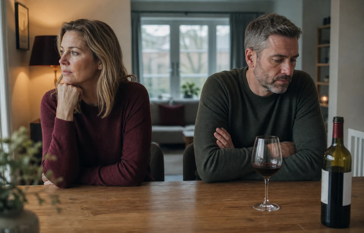 A couple sitting apart at home, reflecting the emotional distance alcohol can create in relationships