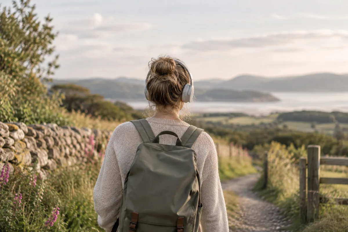 Woman wearing headphones on a peaceful countryside walk