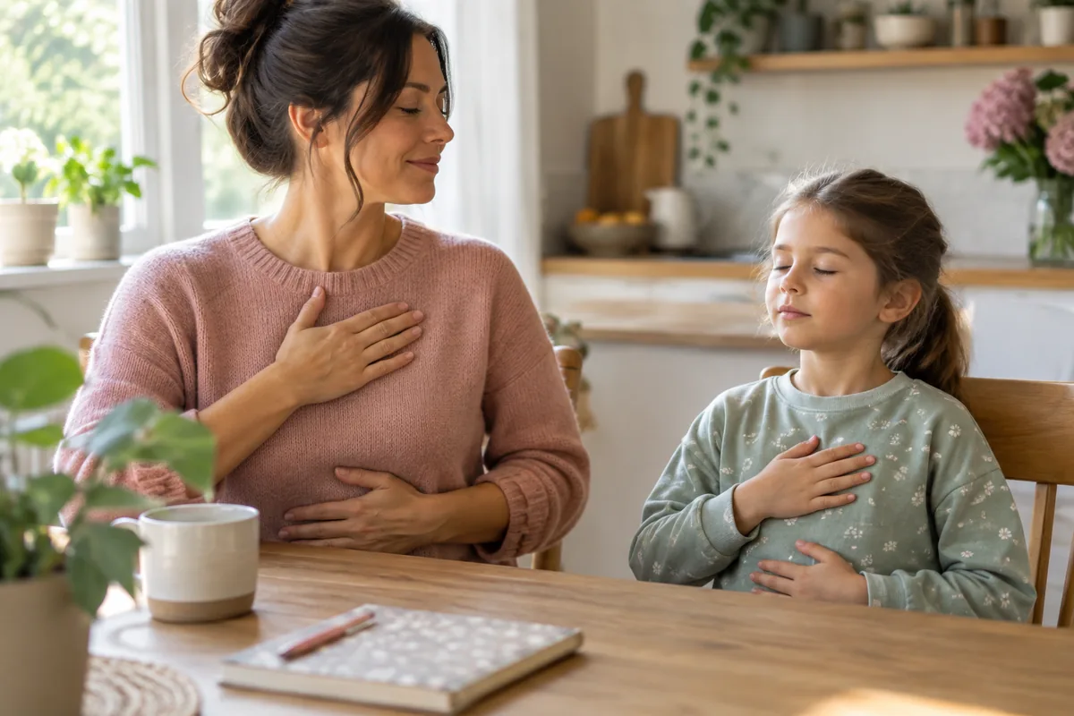 Parent and child practising a calm breathing exercise