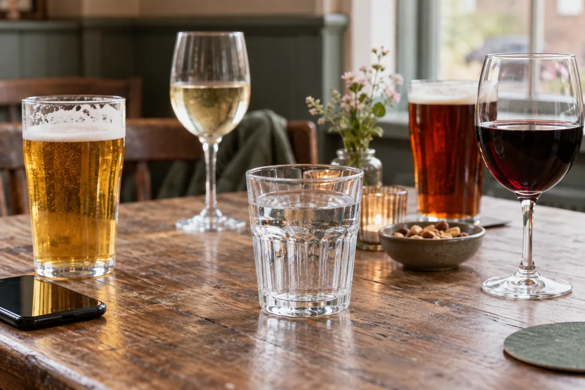 Alcoholic drinks and a glass of water on a pub table