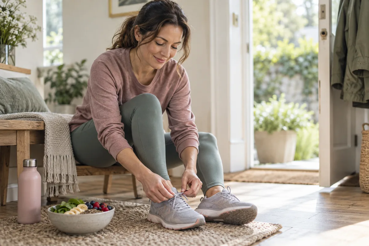 Woman tying walking shoes beside a healthy breakfast