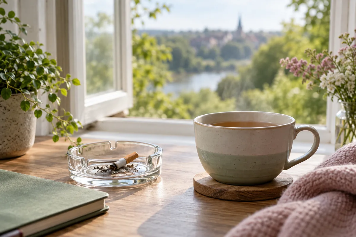 Extinguished cigarette set aside beside tea and an open window