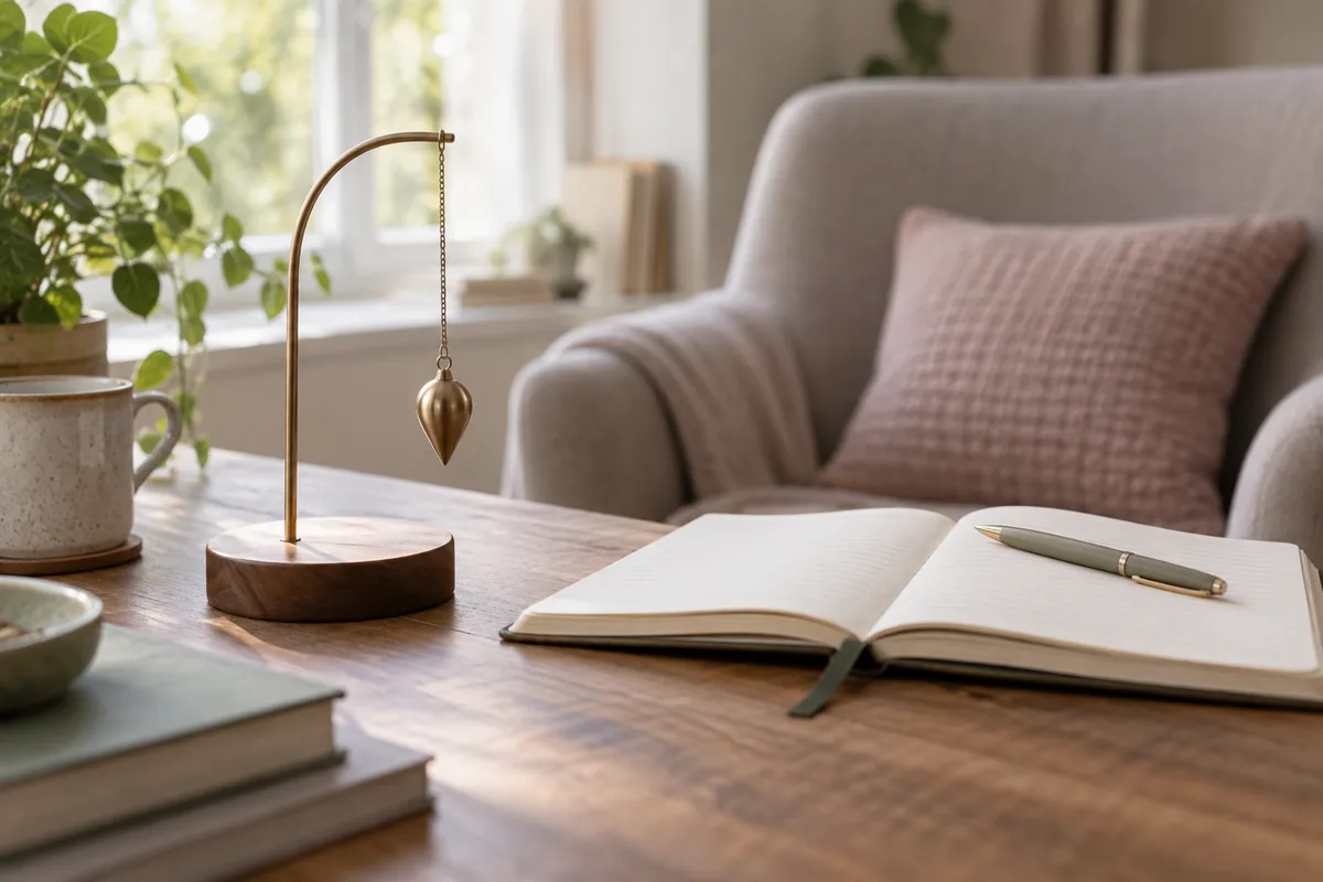 Focused pendulum and notebook in a calm room