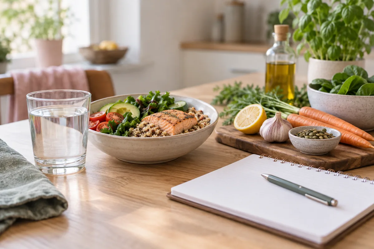 Balanced meal, water and appointment notebook on a table