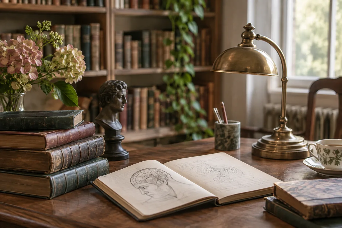 Antique books and study notes in a quiet library
