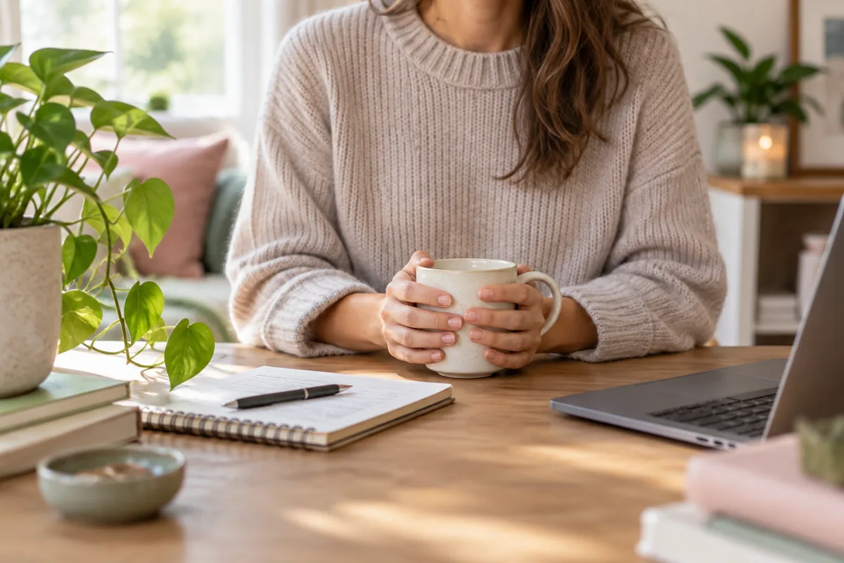 Woman pausing calmly with a warm drink at a tidy desk
