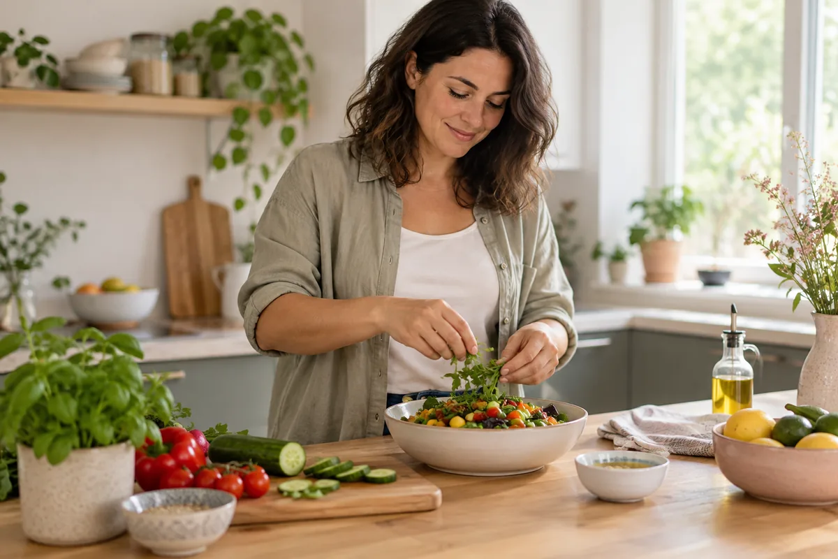 Woman preparing a colourful balanced meal