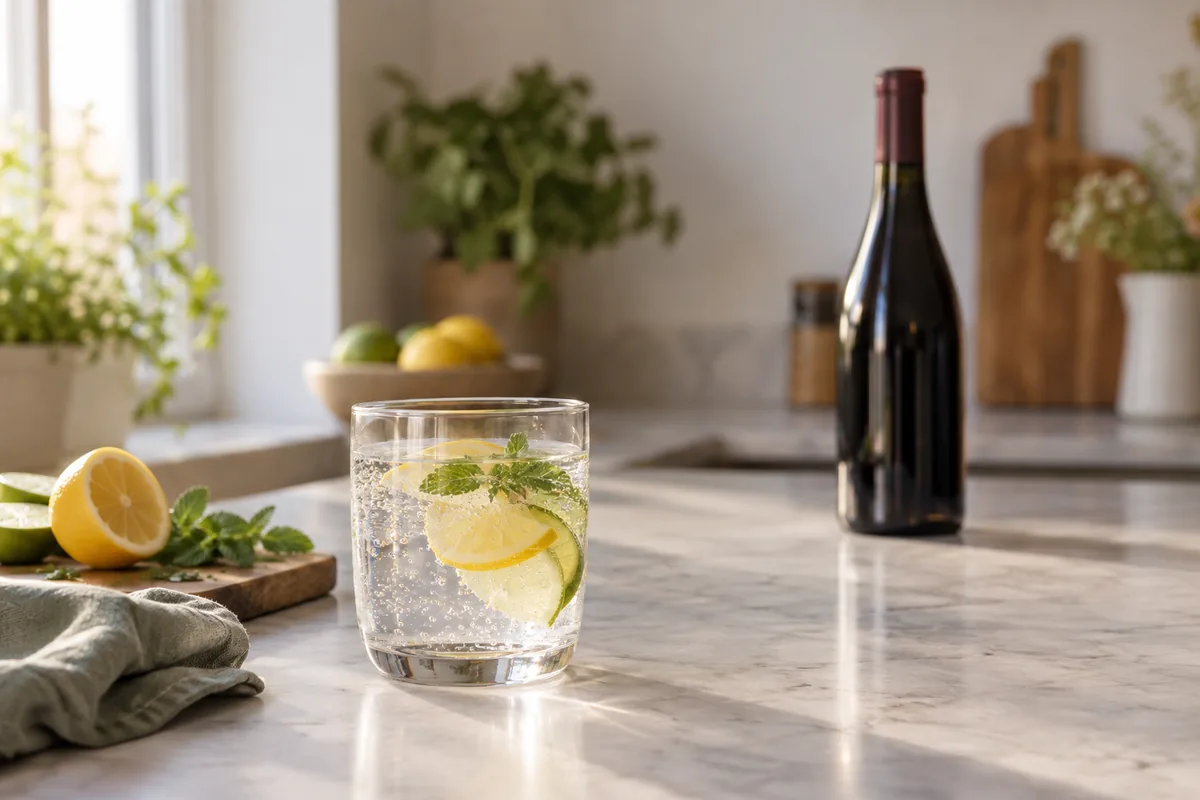 Sparkling water with citrus beside an unopened wine bottle