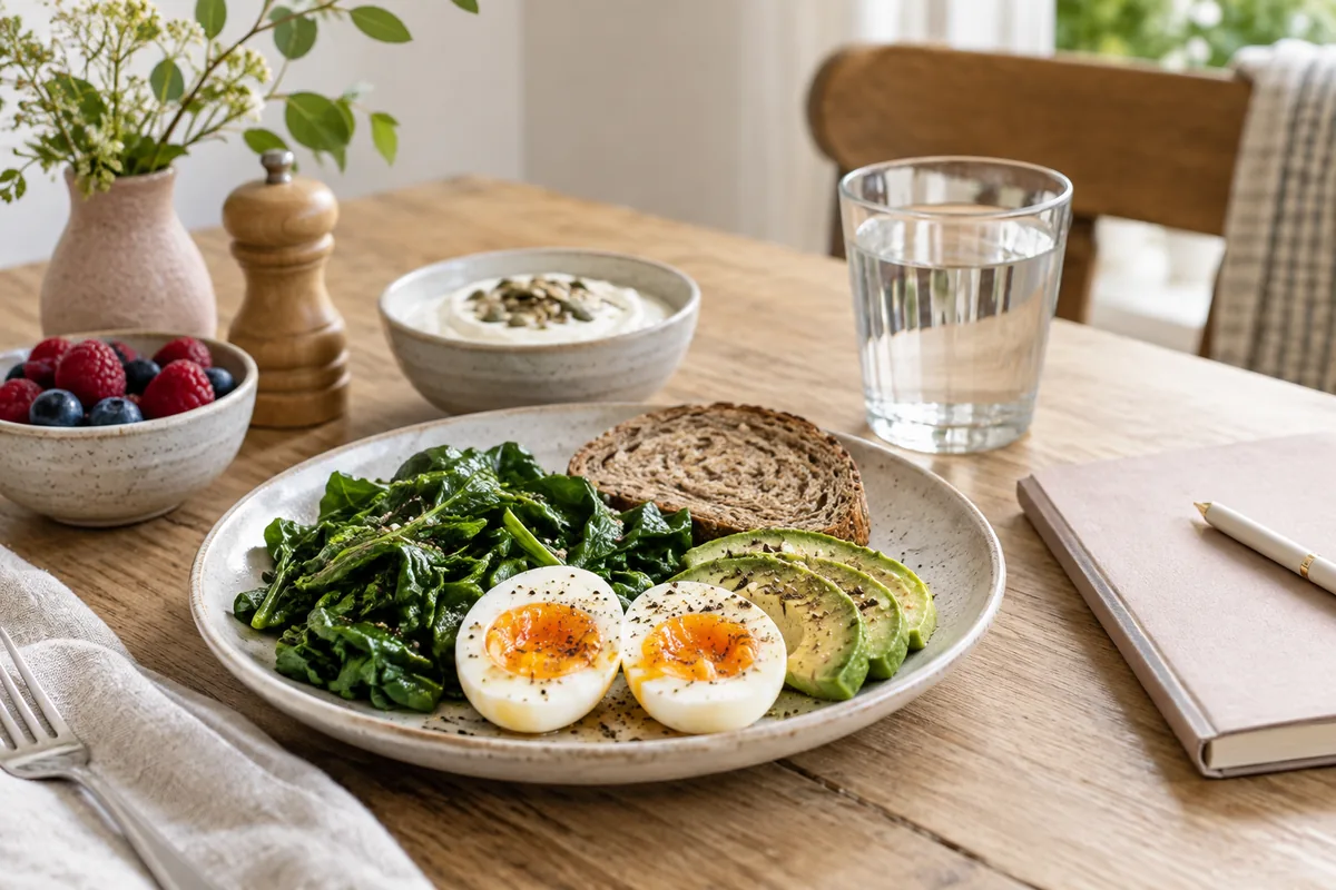 Breakfast foods containing vitamin B12 with a glass of water