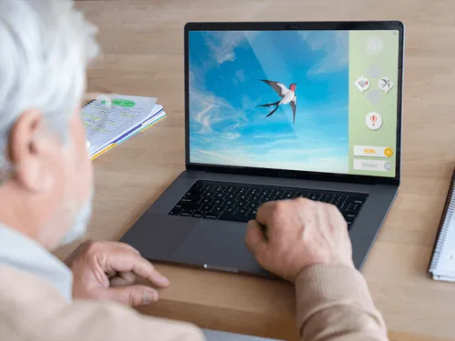 An elderly man sits in front of a laptop and trains RehaCom® with me.