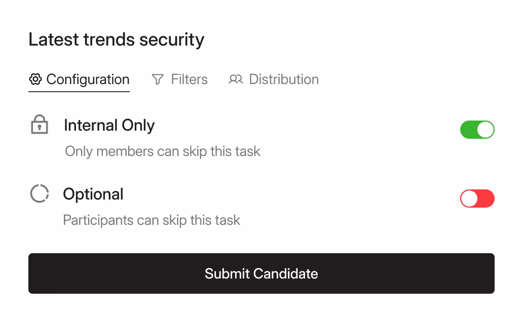 Security task configuration screen showing toggles for Internal Only enabled and Optional disabled, with a Submit Candidate button.