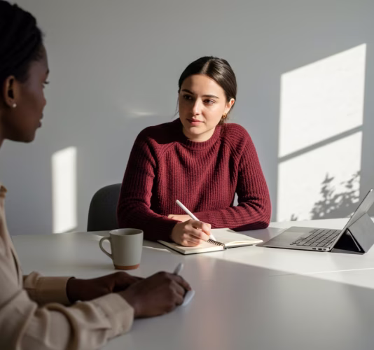 Two women having a conversation at a table with a notebook, pen, mug, and laptop in natural light.