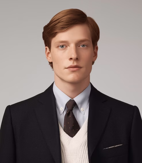 Young man with red hair wearing a black blazer, white sweater, blue collared shirt, and dark tie against a gray background.