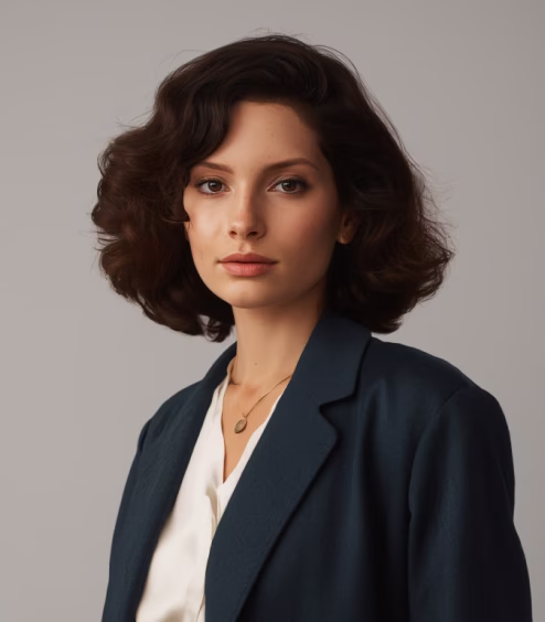 Portrait of a young woman with short curly dark hair wearing a dark blazer and white blouse against a plain background.