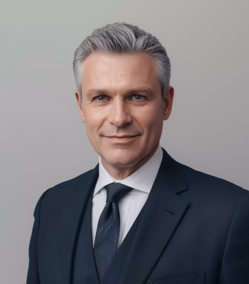 Middle-aged man with gray hair in a dark suit, white shirt, and dark tie smiling against a plain gray background.