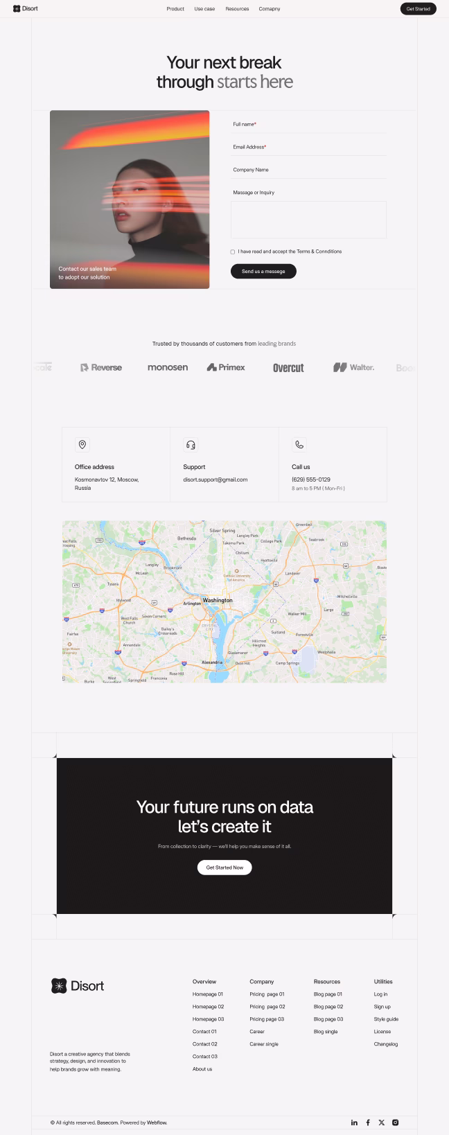 Contact page with a blurred portrait of a woman with orange light streaks, a form for name, email, company, and message, company logos, office address in Moscow, support email, phone number, a map of Washington, and a footer with navigation links.